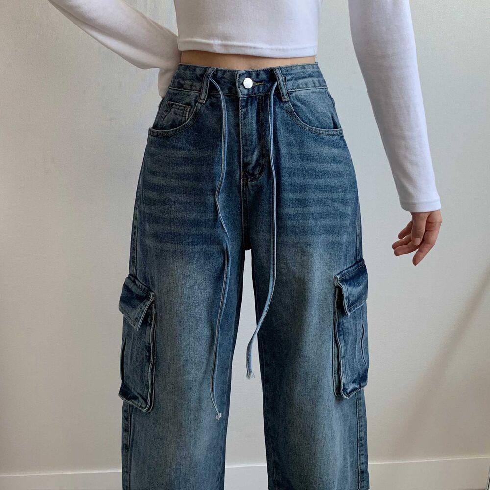 ハイウエストストリングカーゴウォッシュロングワイドデニムパンツ