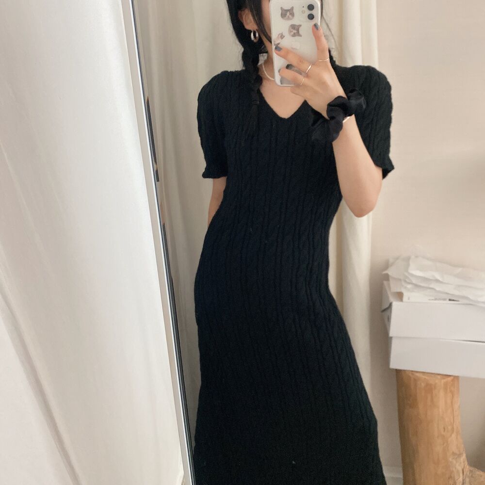 ★マメクロゴウチ　ニット　ロングワンピース　Ｖネック マメクロゴウチ】ミラノリブ Vネック ニットドレス (Mame
