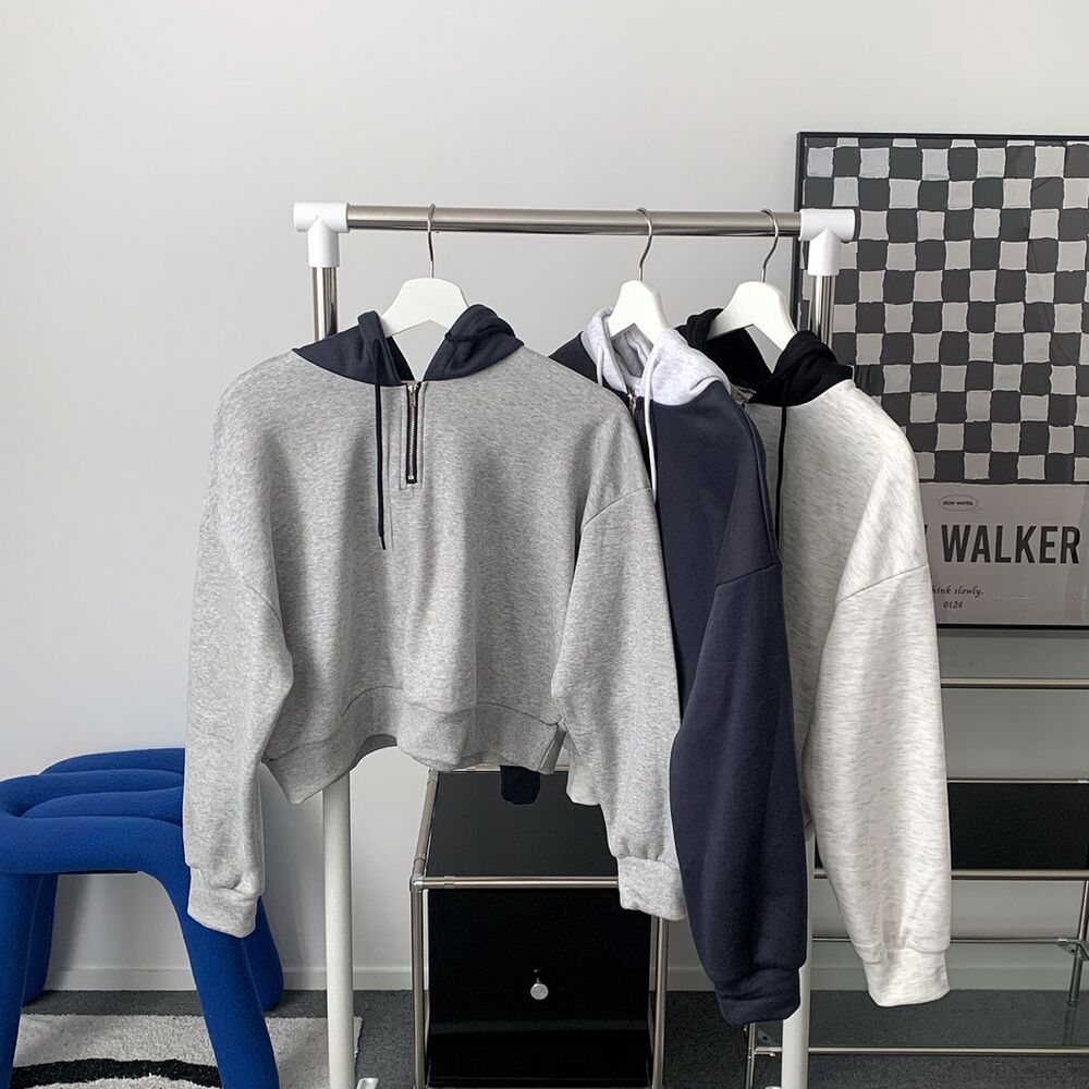 裏起毛クロップドバイカラーハーフジップフードパーカー(3color