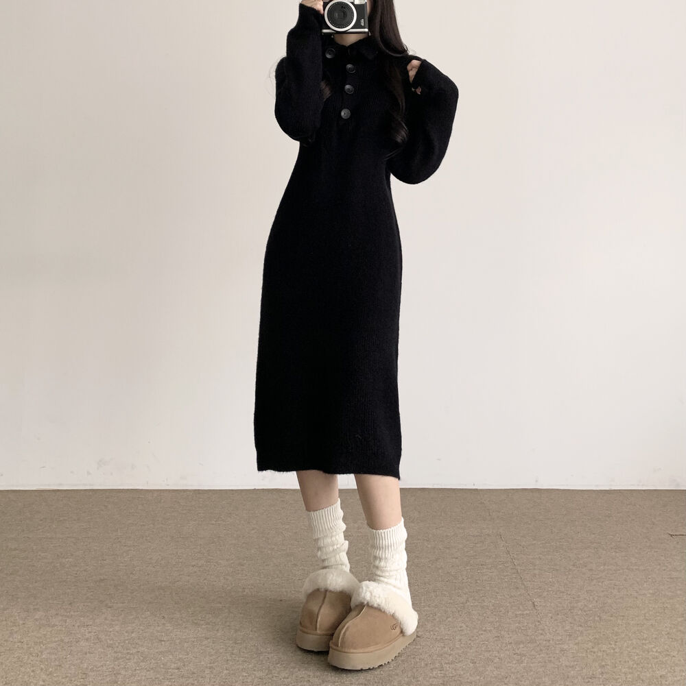 ボタンタートルネックニットロングワンピース | ファッション通販