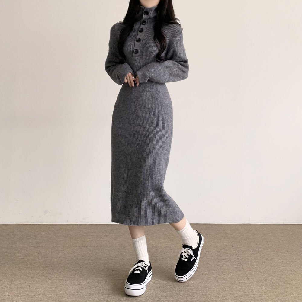 ボタンタートルネックニットロングワンピース | ファッション通販