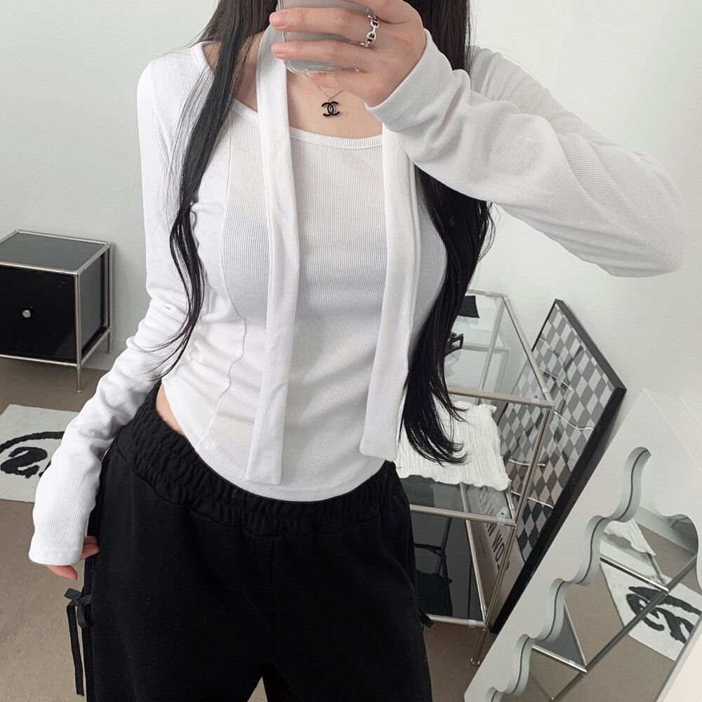 アシンメトリーUネッククロップドリブスパン長袖Tシャツ(3color