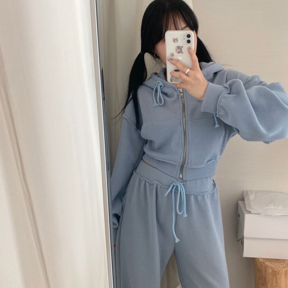 SET] リブクロップドパーカー、リブワイドゴムパンツセット