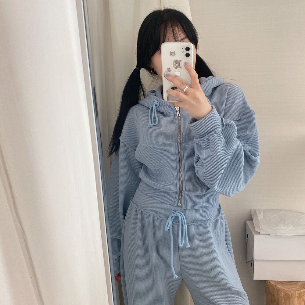 SET] リブクロップドパーカー、リブワイドゴムパンツセット