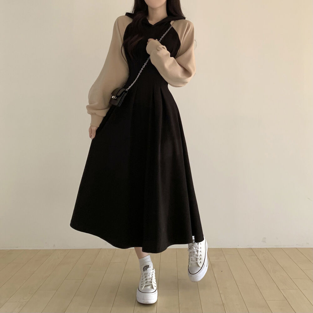 バイカラーAラインフード付きロングワンピース | ファッション通販