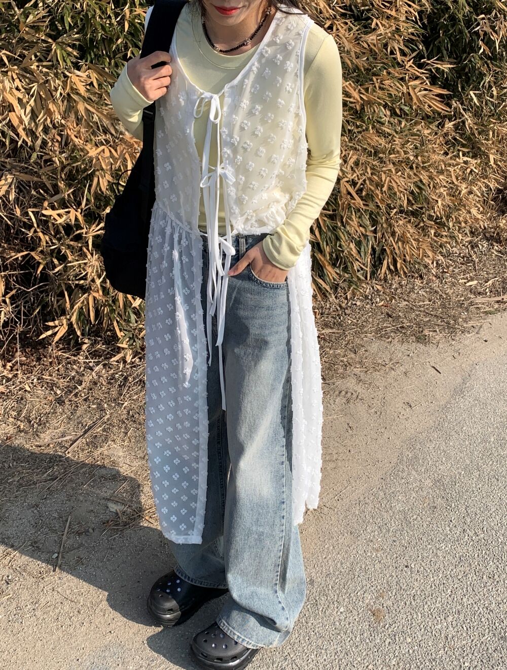 シースルーリボンノースリーブビスチェロングワンピース2color