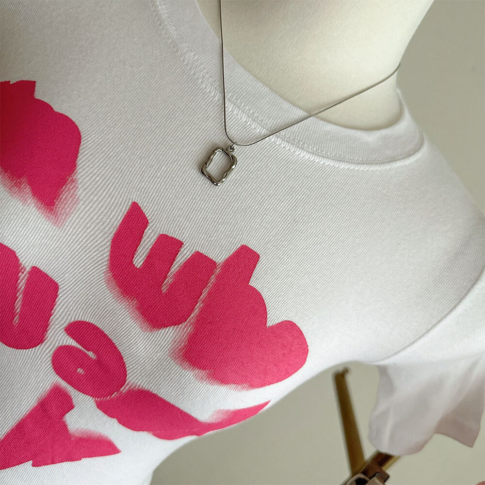 [DEWL] ハートレタリング スリムクロップTシャツ クロップドハートプリントスリムラウンド半袖Tシャツ