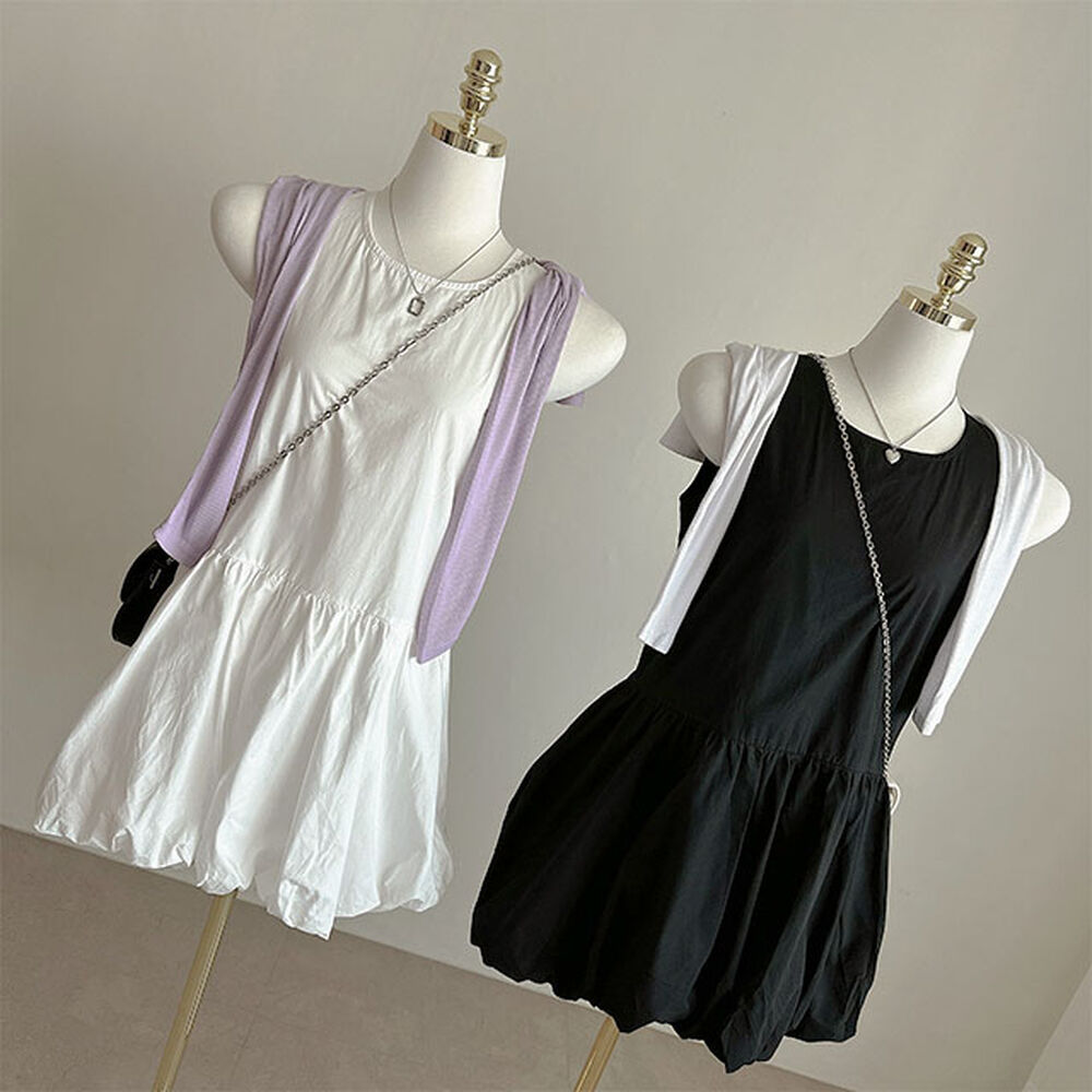 ノースリーブワンピース 裏地付き] コットン無地ラウンドネックミドル丈ノースリーブワンピース