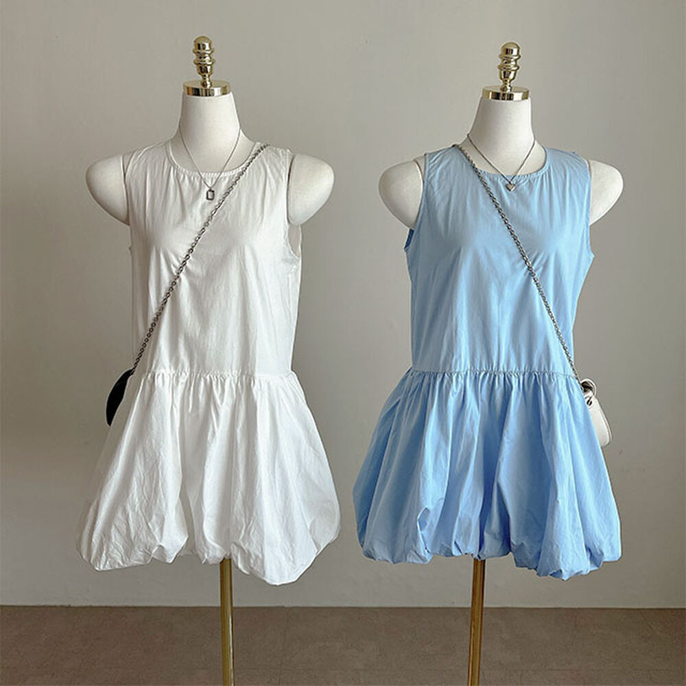 裏地付き] コットン無地ラウンドネックミドル丈ノースリーブワンピース