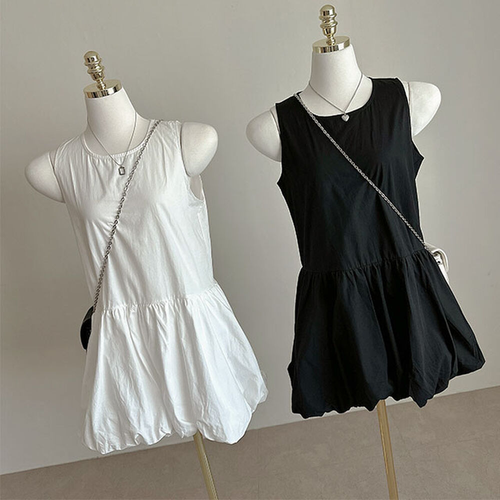 裏地付き] コットン無地ラウンドネックミドル丈ノースリーブワンピース