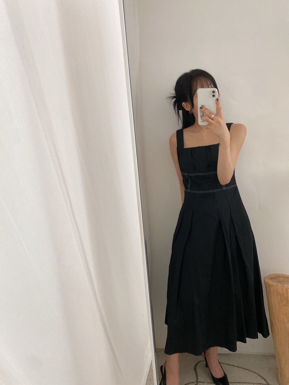 裏地付き] ステッチタック入りロングノースリーブワンピース