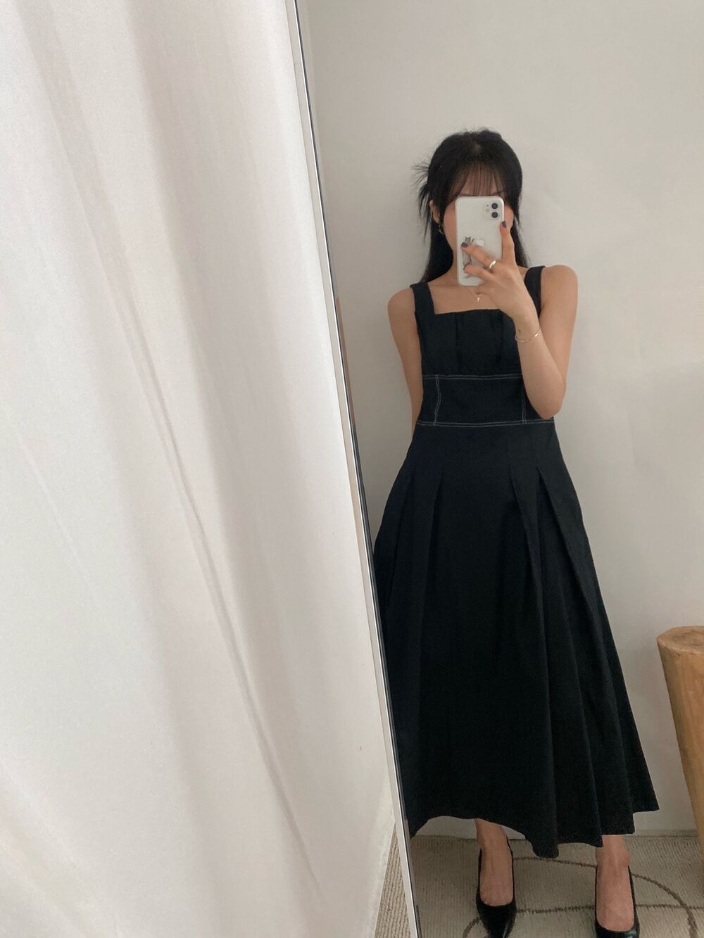 裏地付き] ステッチタック入りロングノースリーブワンピース