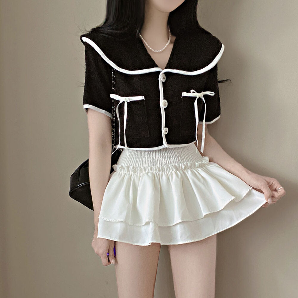 バイカラーセーラークロップド半袖ツイードジャケット