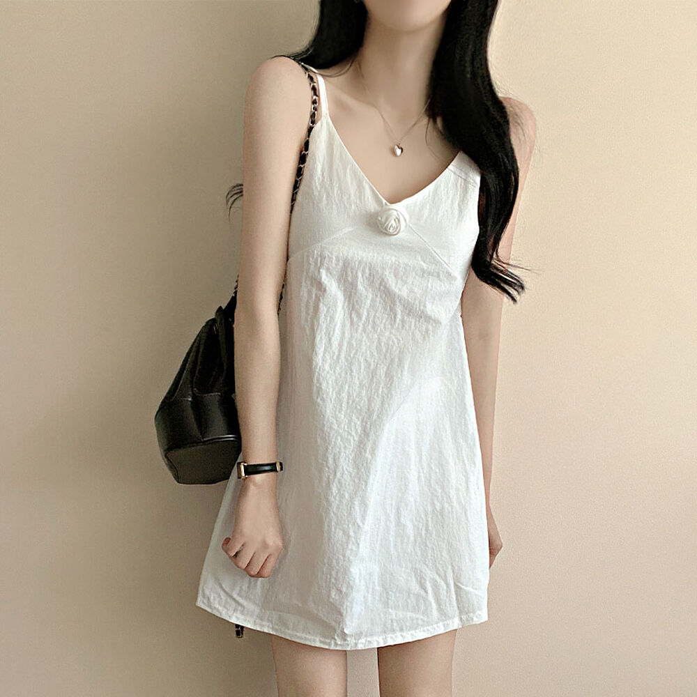 Vネックキャミソール無地ミニワンピース | ファッション通販