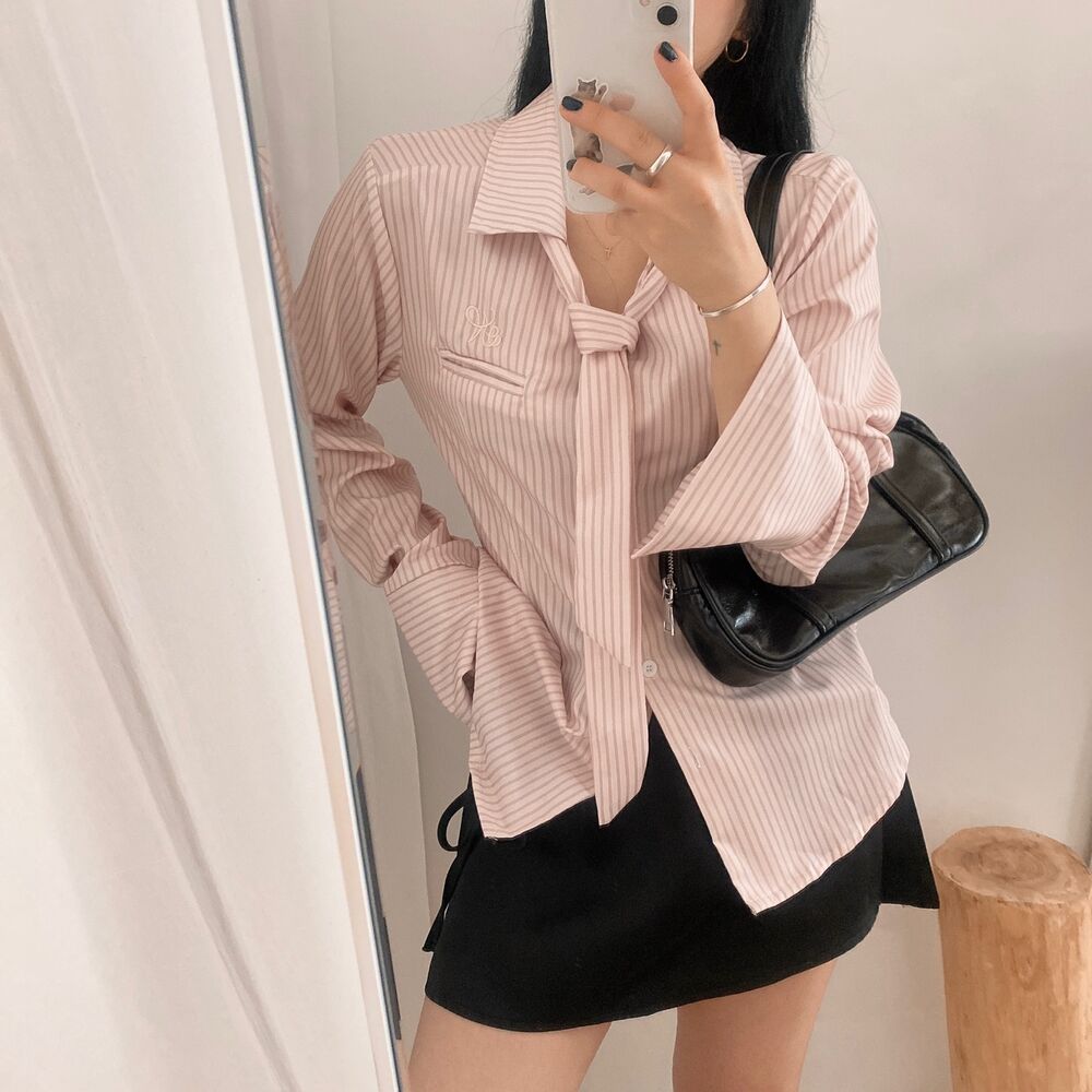 Y2Kピンクストライプフラワーシャツ 半袖 HOOK】for girls アシメトリーシャーリングストライプ柄シャツ