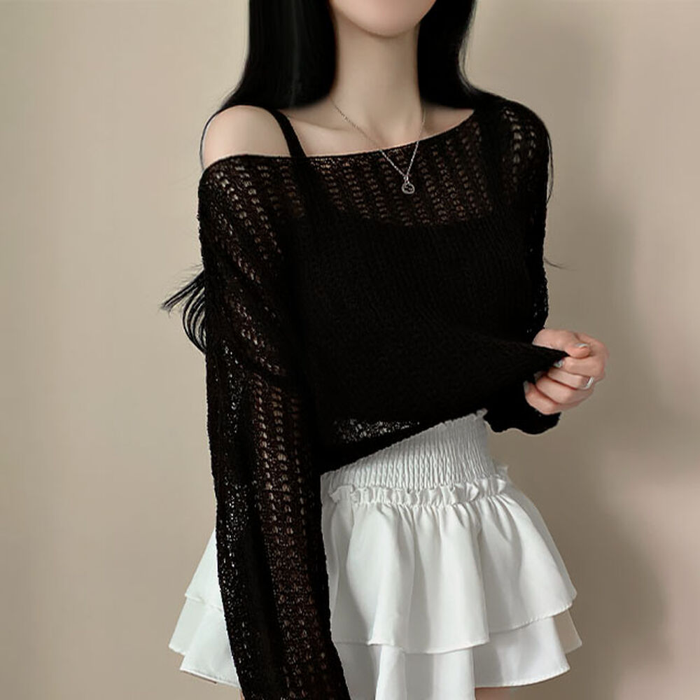 SET)サマーキャミソールボートネックオフクロップド長袖ニットセット