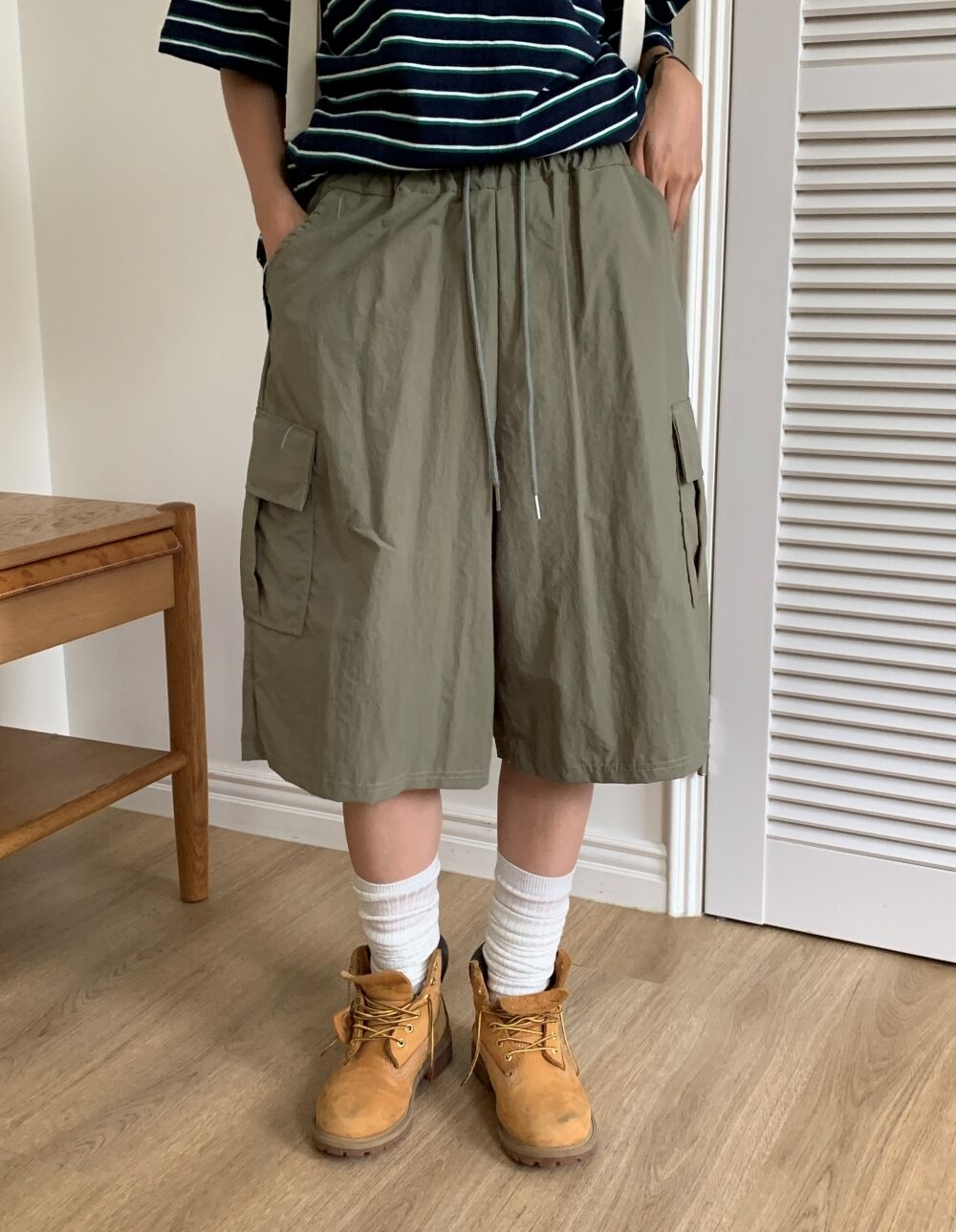 ウエストゴムカーゴナイロンワイドショットパンツ/ハーフパンツ