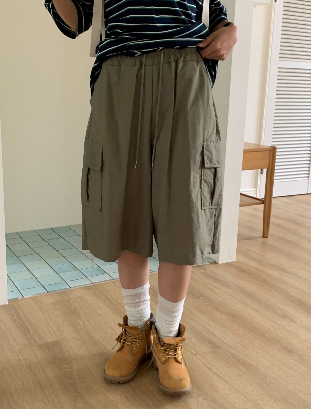 ウエストゴムカーゴナイロンワイドショットパンツ/ハーフパンツ