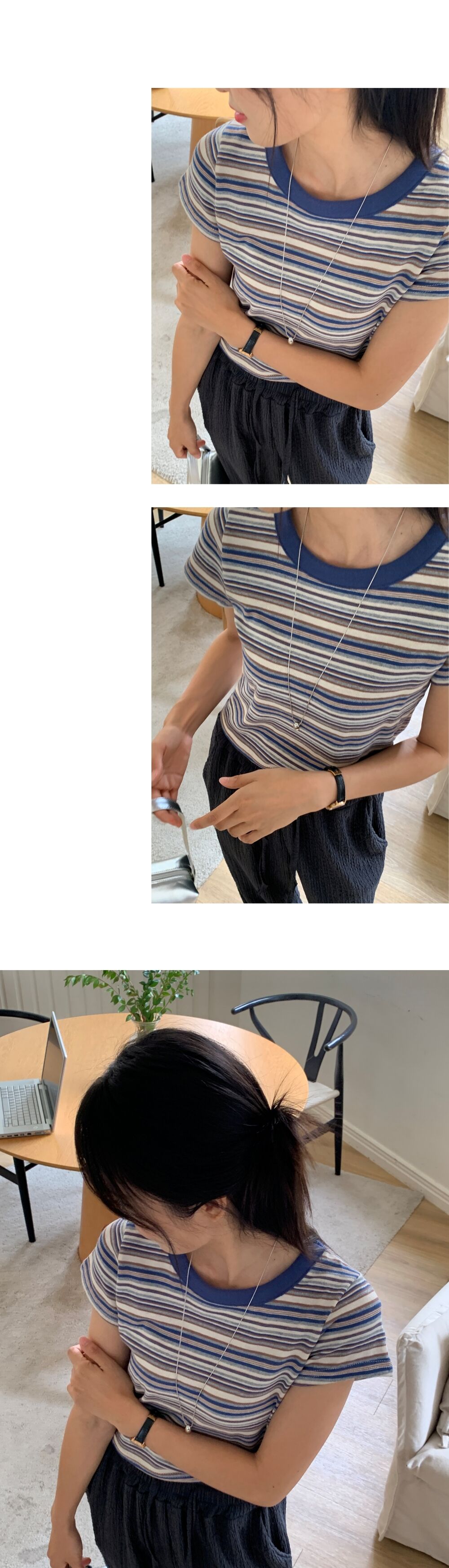 ラウンドネックストライプクロップド半袖Tシャツ | ファッション